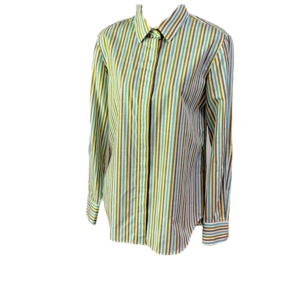 LORO PIANA turquoise, grey, olive & white striped classic shirt, 42EU, reduced